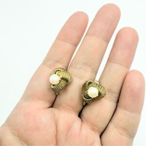 Vintage Gold Tone Knot Faux Pearl Clip On Earrings